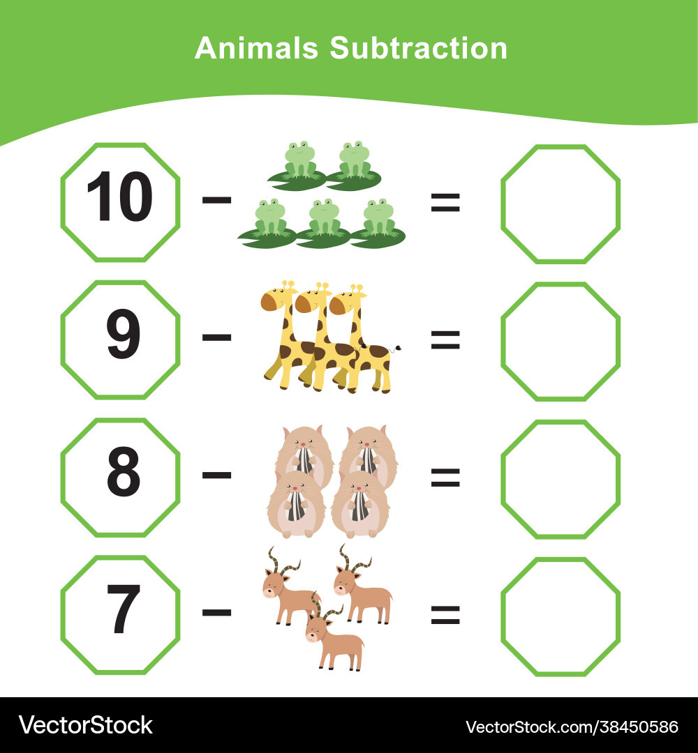 Animals Subtraction Worksheet For Preschool Vector Image within Animal Picture Subtraction Worksheet