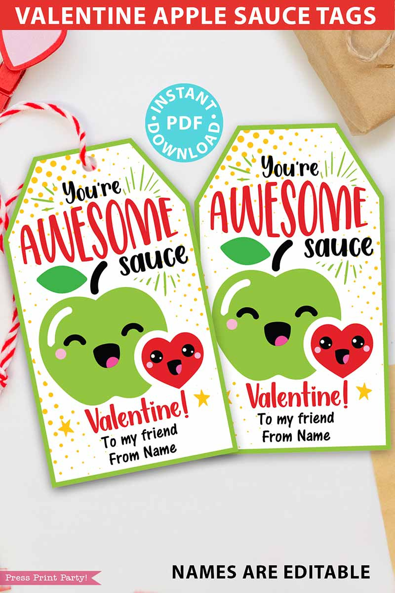 Applesauce Valentine Tags For Kids in Applesauce Valentine Printable Free
