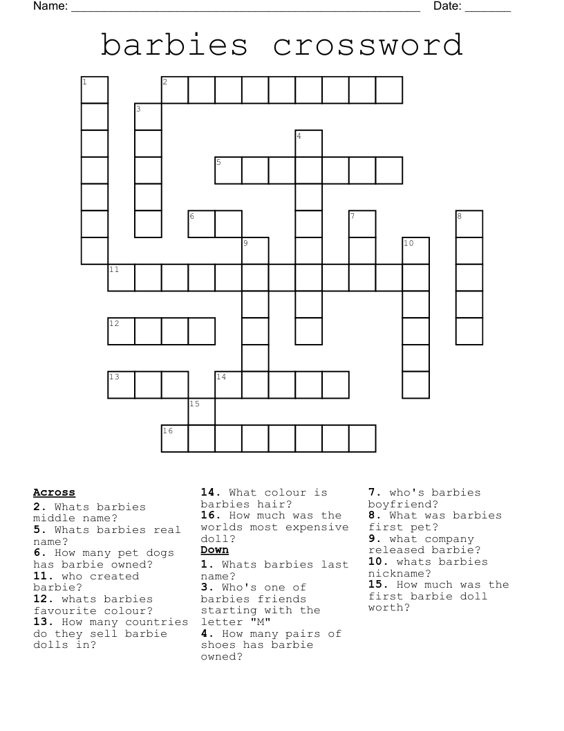 Barbie Crossword - Wordmint pertaining to Barbie Word Search Printable