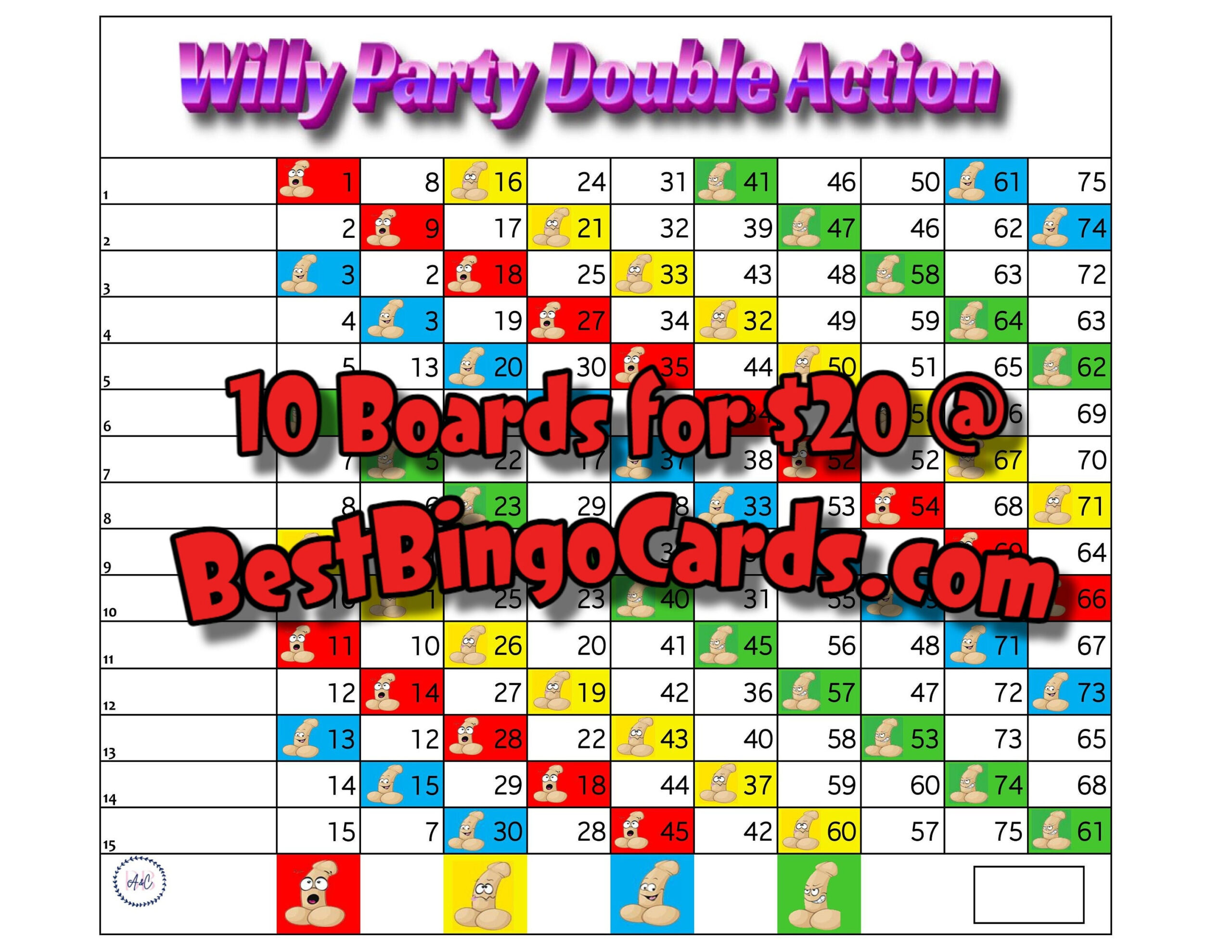 Bingo Boards 1-15 Line Double Action - Willy Party - Straight with regard to Double Action Bingo Card