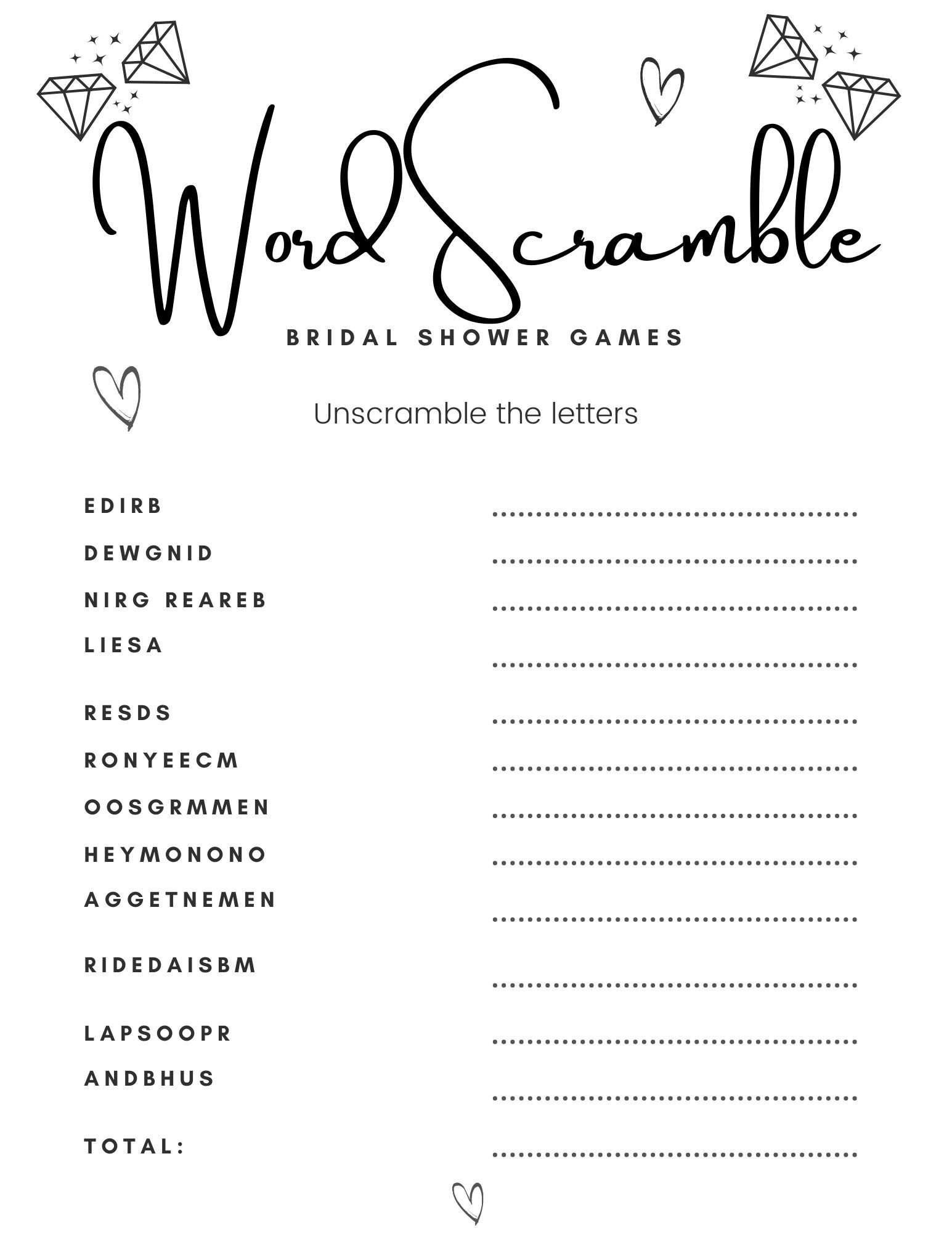 Bridal Shower Games Printable, Wedding Word Scramble Printable inside Free Printable Bridal Shower Word Scramble
