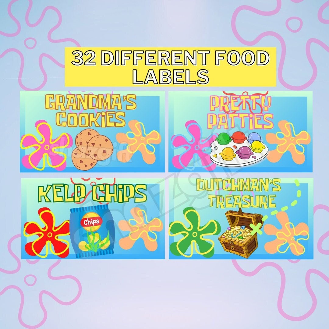 Cartoon Under The Sea 32 Food Labels Tent Dessert Birthday Party Decor Template Under The Sea Instant Download Printable Digital File - Etsy for Spongebob Labels Free Printables