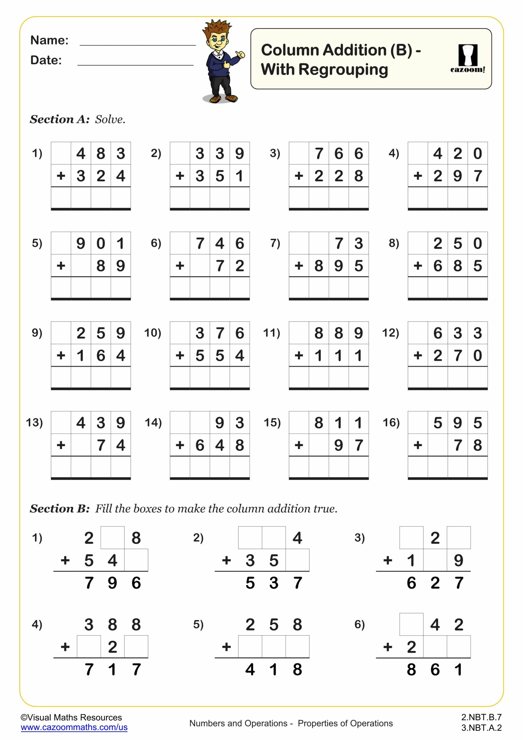 Column Addition (B) | Pdf Printable Addition Worksheets with Column Addition With Pictures Worksheet