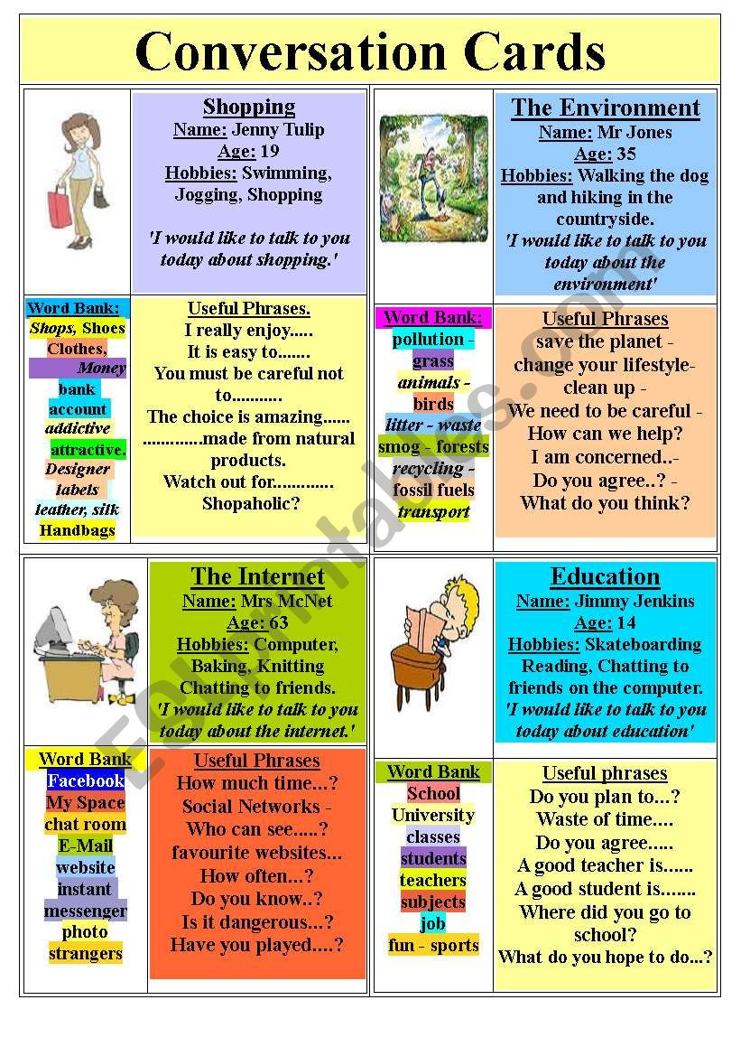Conversation Cards - Esl Worksheetyetigumboots intended for Speaking Worksheets Printable For Adults