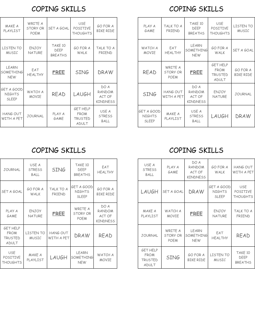 Coping Skills Bingo Cards - Wordmint regarding Coping Skills Bingo Free Printable