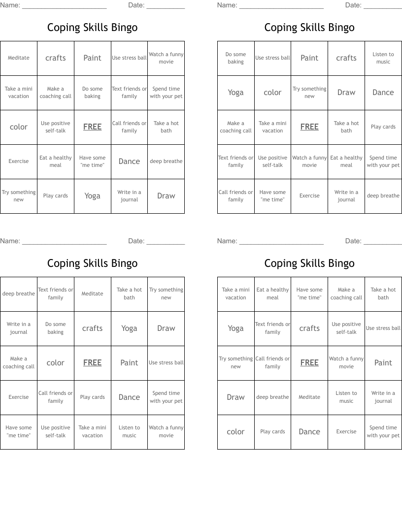 Coping Skills Bingo - Wordmint within Coping Skills Bingo Free Printable