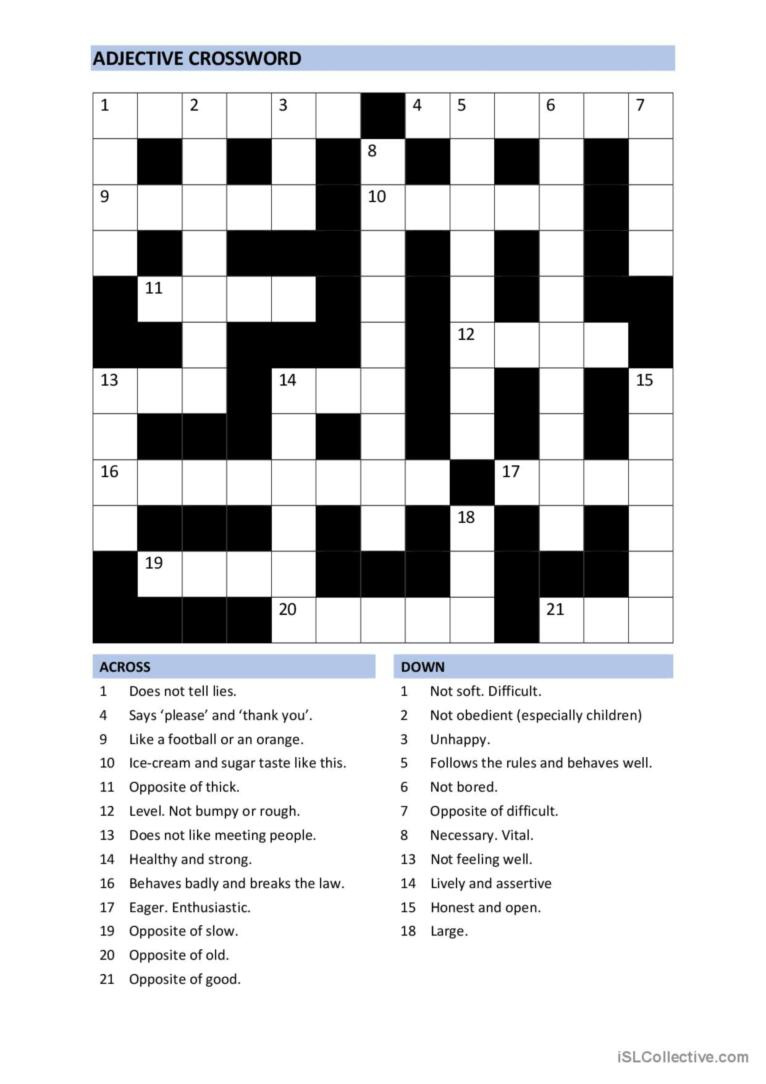 Crossword: Intermediate /Adjectives: English Esl Worksheets Pdf &amp;amp; Doc pertaining to Intermediate Printable Crossword Puzzles