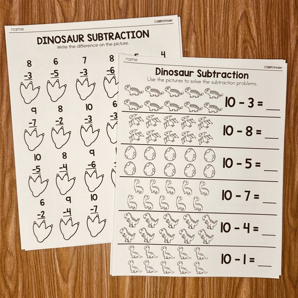 Dinosaur Day Subtraction Worksheets - Simply Kinder Plus inside Dinosaur Subtract And Match Worksheet