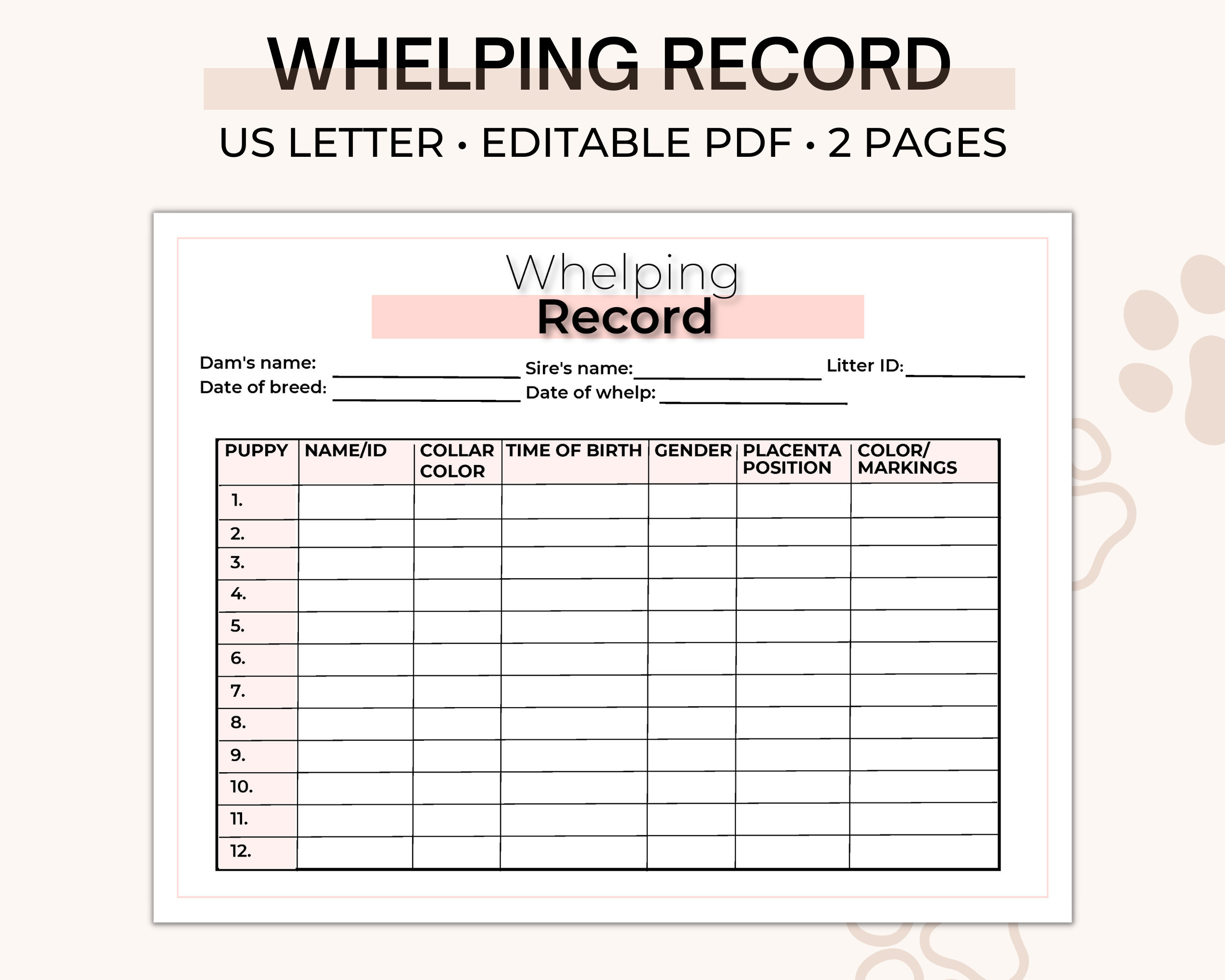 Dog Whelping Record Editable, Dog Breeder Forms, Puppy Whelping regarding Free Printable Puppy Weight Puppy Whelping Chart