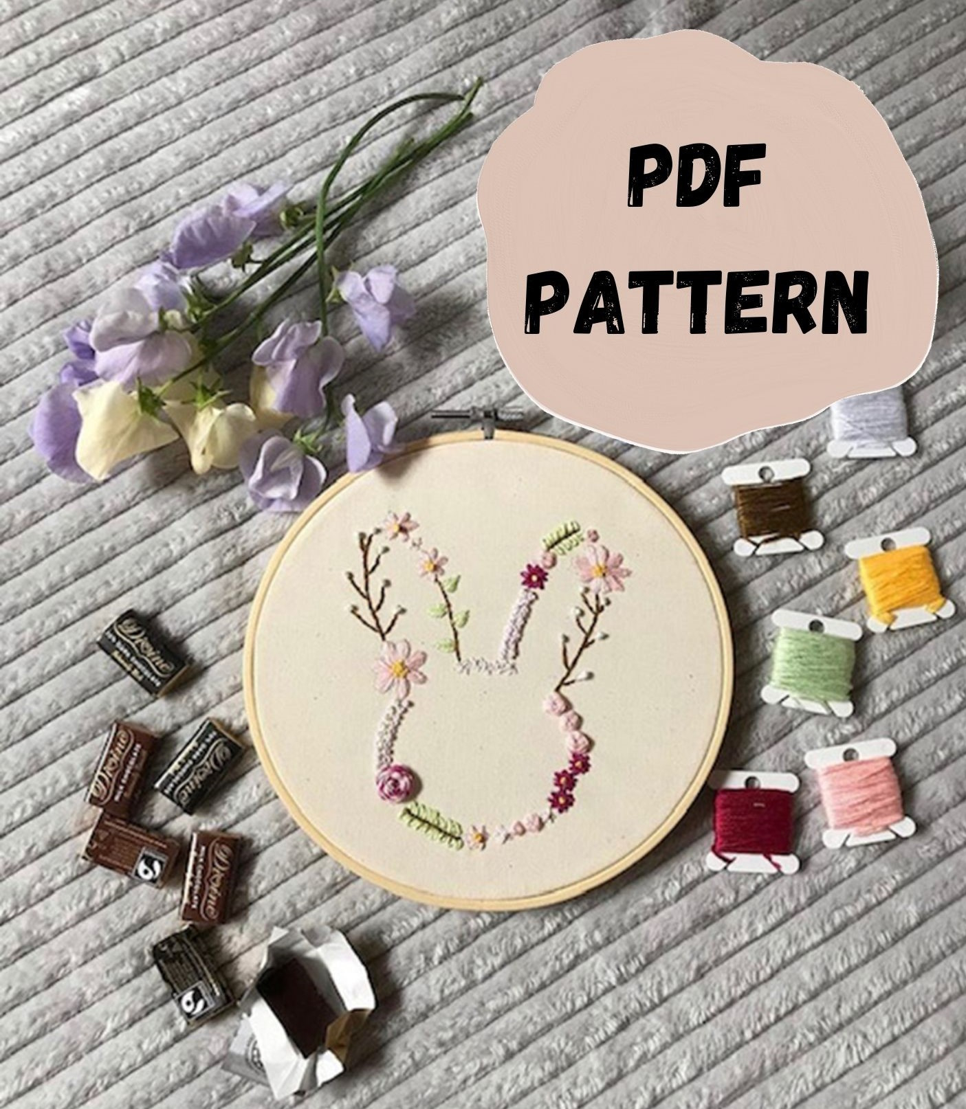 Easter Bunny Embroidery Pdf Patterntigertailtextiles // Easter Crafts, Easter Embroidery, Bunny Crafts, Rabbit Embroidery, Flowers throughout Easter Embroidery Patterns