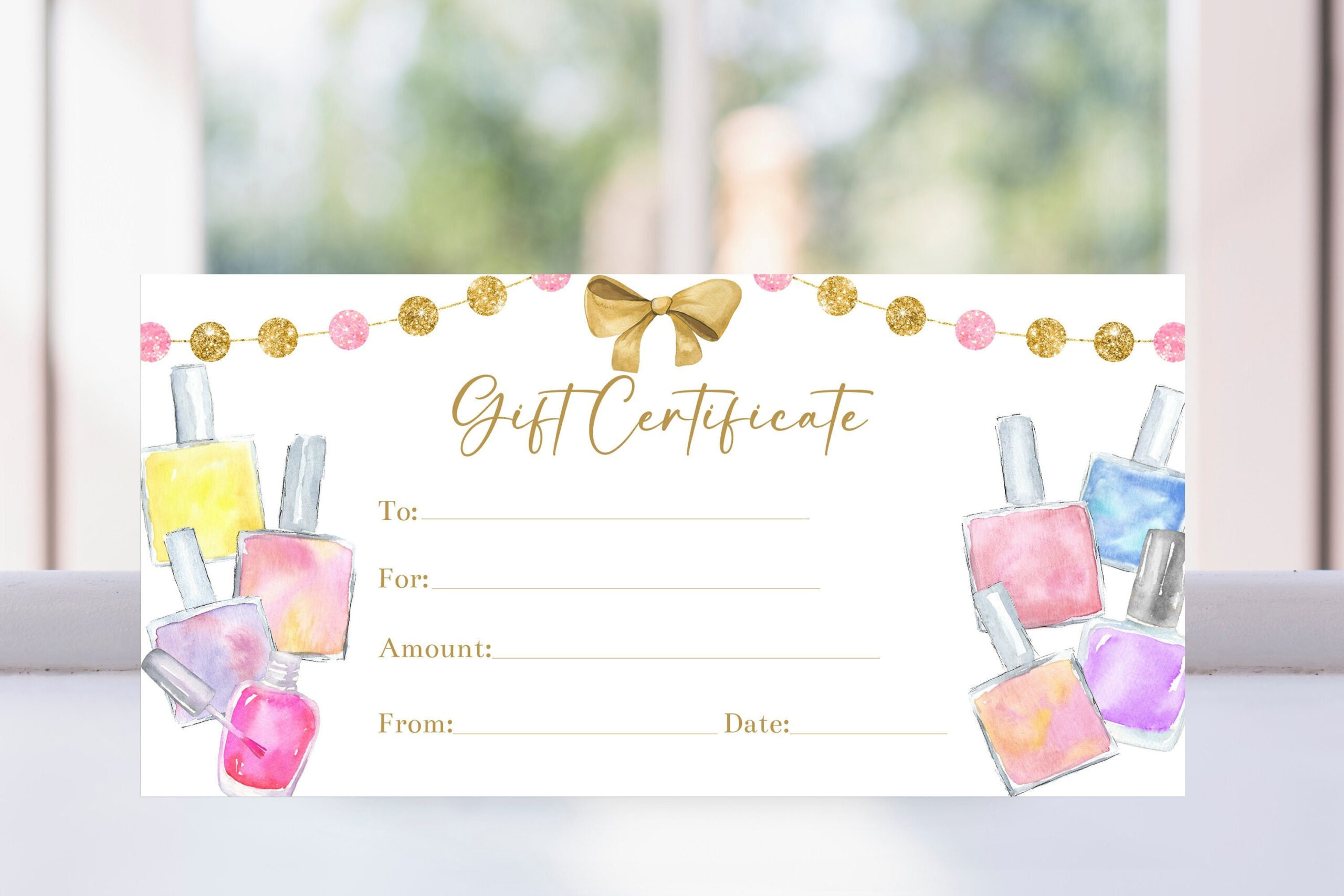 Editable Manicure Gift Certificate Voucher Template, Pink And Gold for Free Printable Manicure Gift Certificate Template