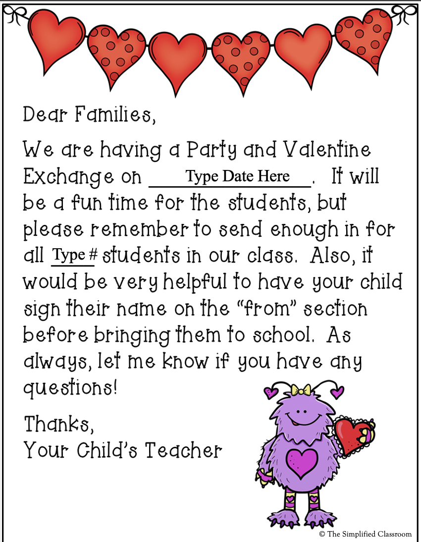 Editable Valentines Day Party Letter Home To Families And Parents For Exchange inside Printable Classroom Party Letter To Parents Template