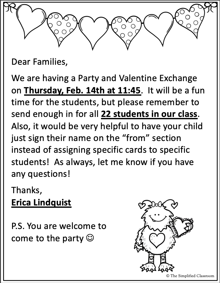 Editable Valentines Day Party Letter Home To Families And Parents For Exchange pertaining to Printable Classroom Party Letter To Parents Template