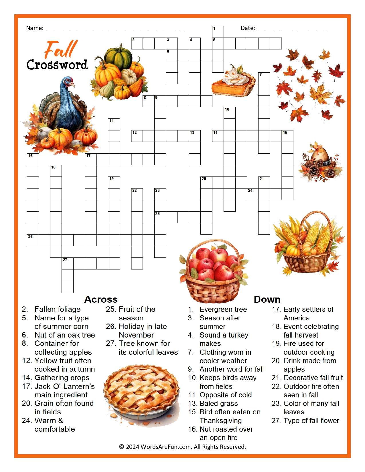 Fall Crossword Puzzle throughout Autumn Crossword Puzzles Printable