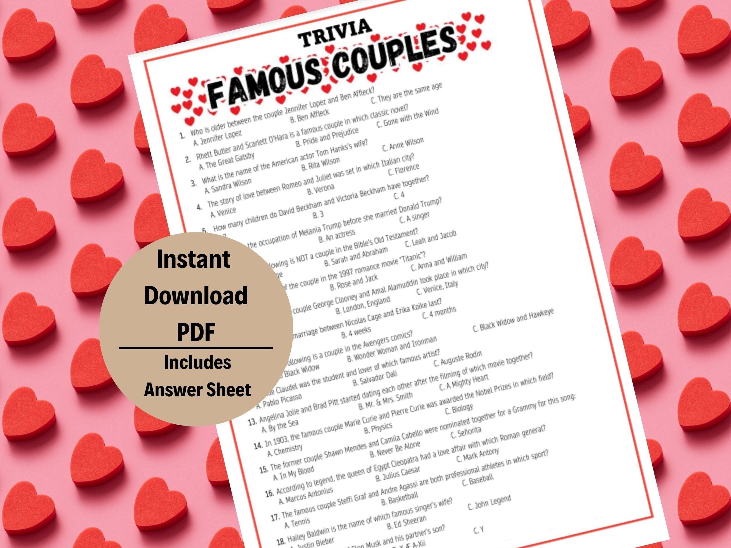 Famous Couples Trivia, Couples Trivia Game, Celebrity Trivia inside Famous Couples Trivia Questions and Answers Printable