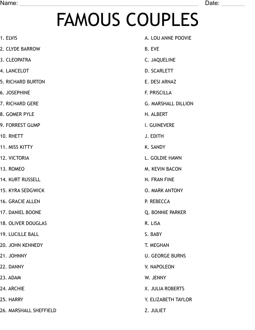 Famous Couples Worksheet - Wordmint with Famous Couples Trivia Questions and Answers Printable