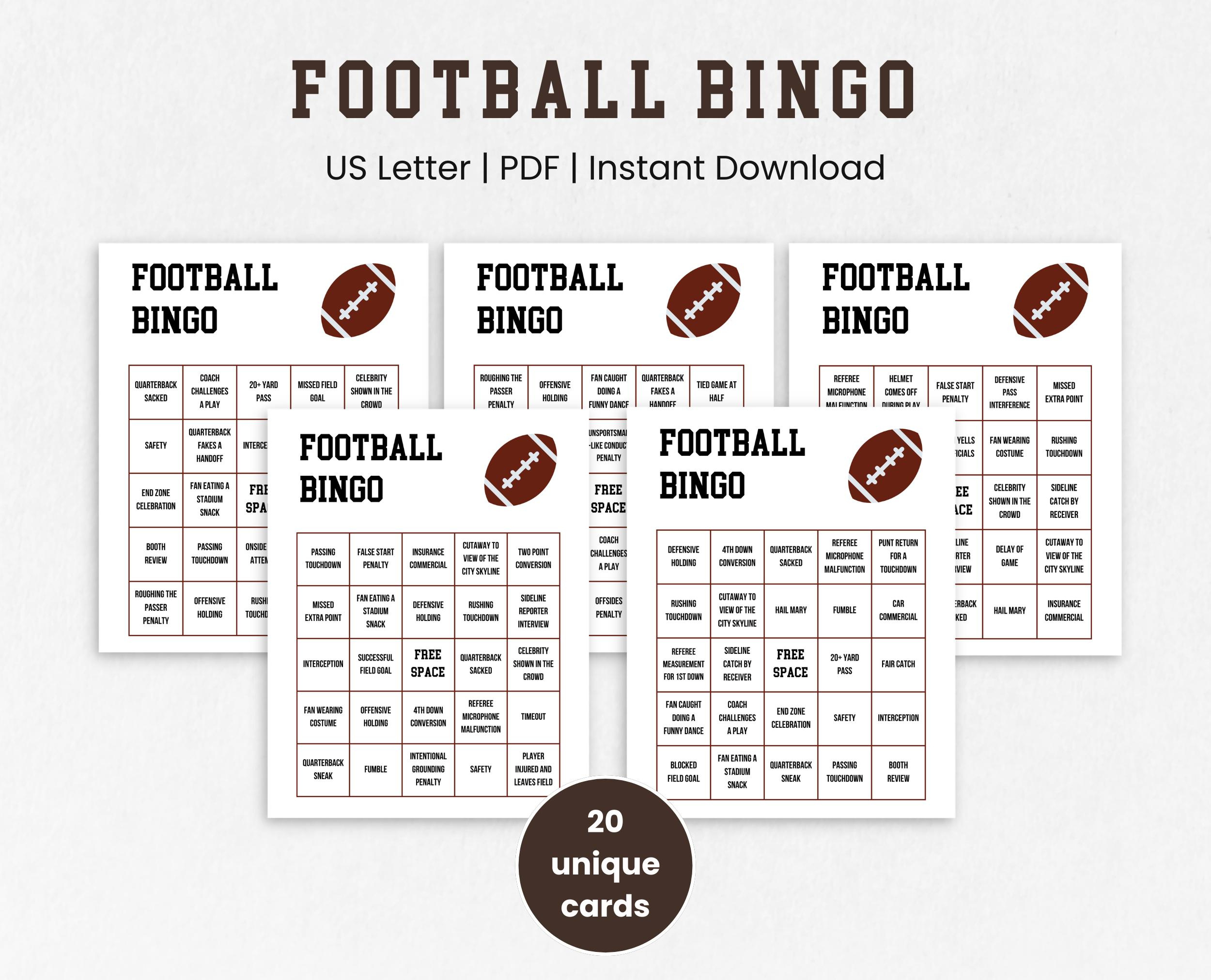 Football Bingo, Printable Sports Bingo Cards, Football Party Game intended for Football Bingo Cards Printable