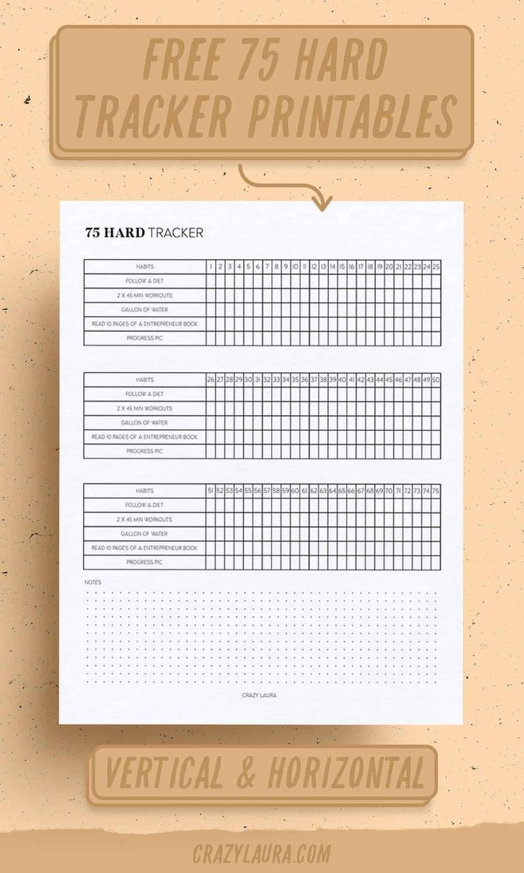 Free 75 Hard Tracker Printable With Two Versions - Crazy Laura for 75 Hard Challenge Free Printable