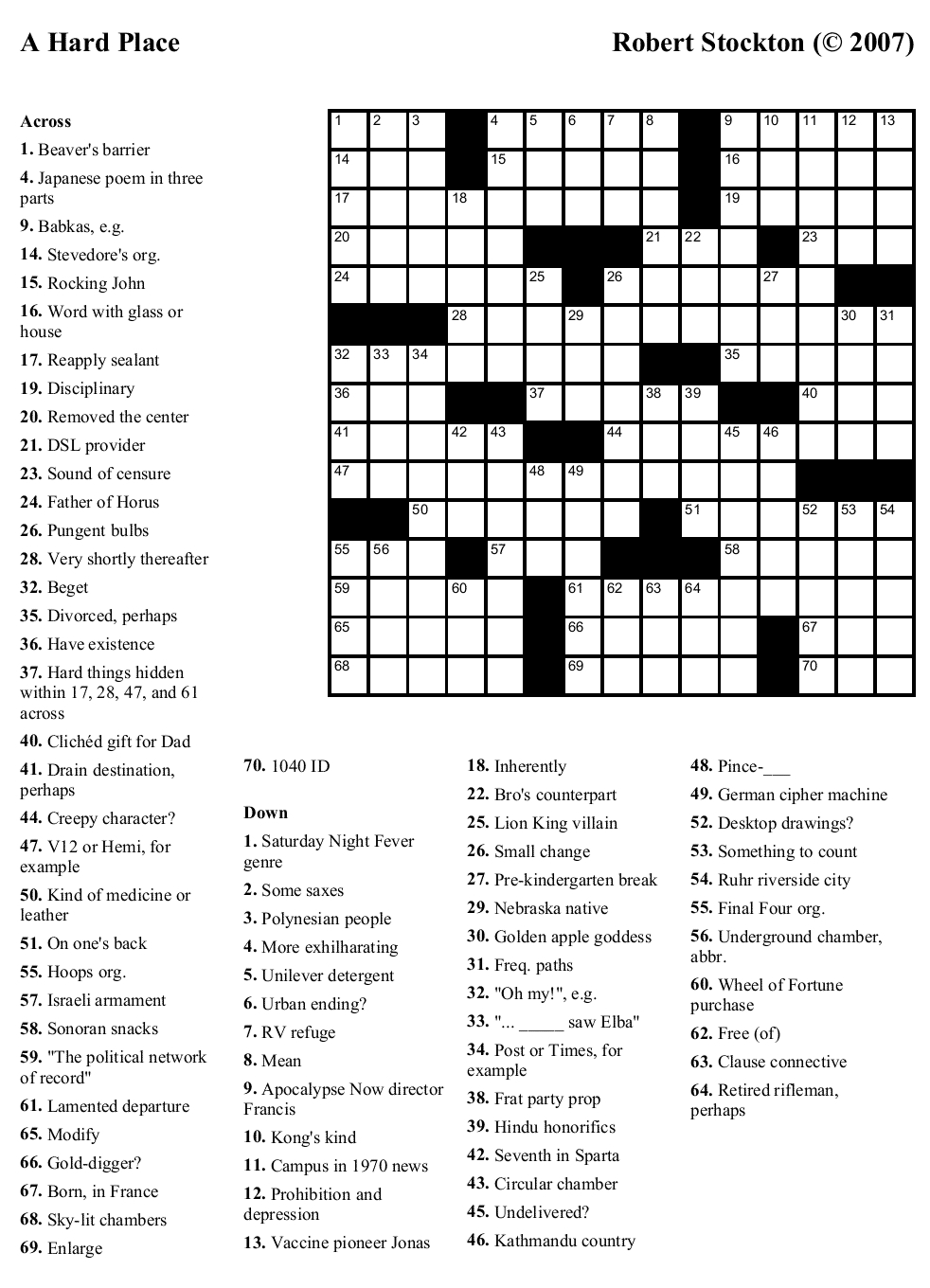 Free Crossword Puzzle #22: &amp;quot;A Hard Place&amp;quot; | Beekeeper Crosswords inside Hard Crossword Puzzles Printable
