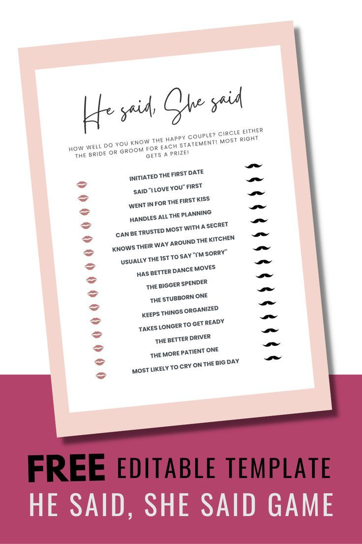 Free &amp;amp; Editable He Said, She Said Bridal Shower Game in Free Printable Bridal Shower Games He Said She Said