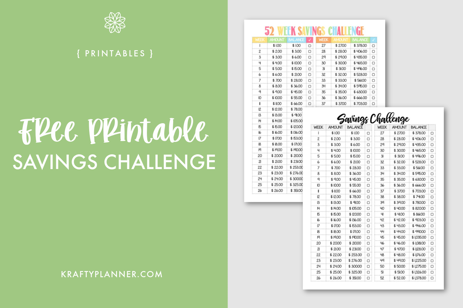 Free Printable 52 Week Savings Challenge — Krafty Planner throughout Free Printable Savings Challenge Printable