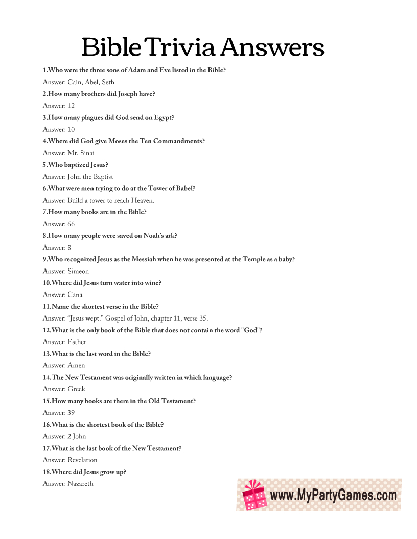 Free Printable Bible Trivia Quiz With Answer Key with regard to Free Printable Bible Trivia Questions And Answers