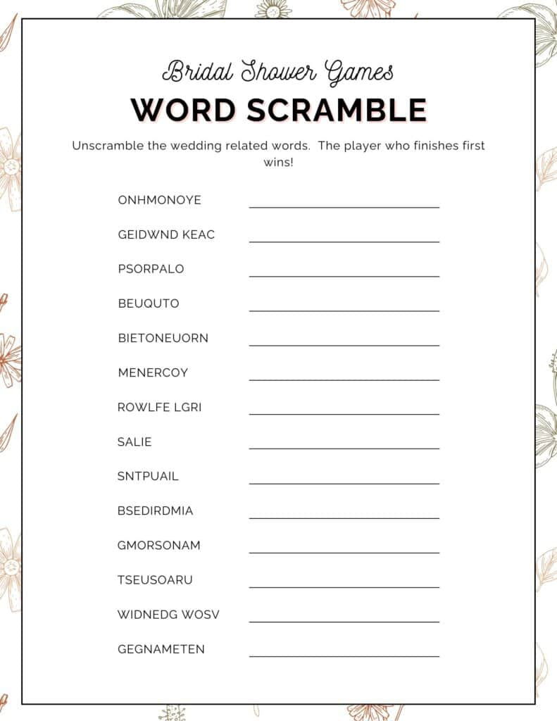 Free Printable Bridal Shower Word Scramble Game with Free Printable Bridal Shower Word Scramble