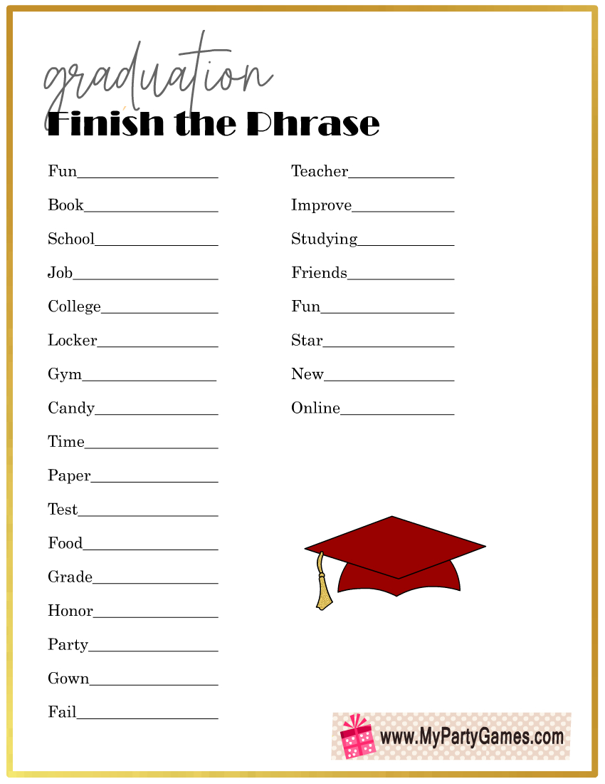 Free Printable Finish The Phrase, Graduation Party Game for Free Printable Graduation Games
