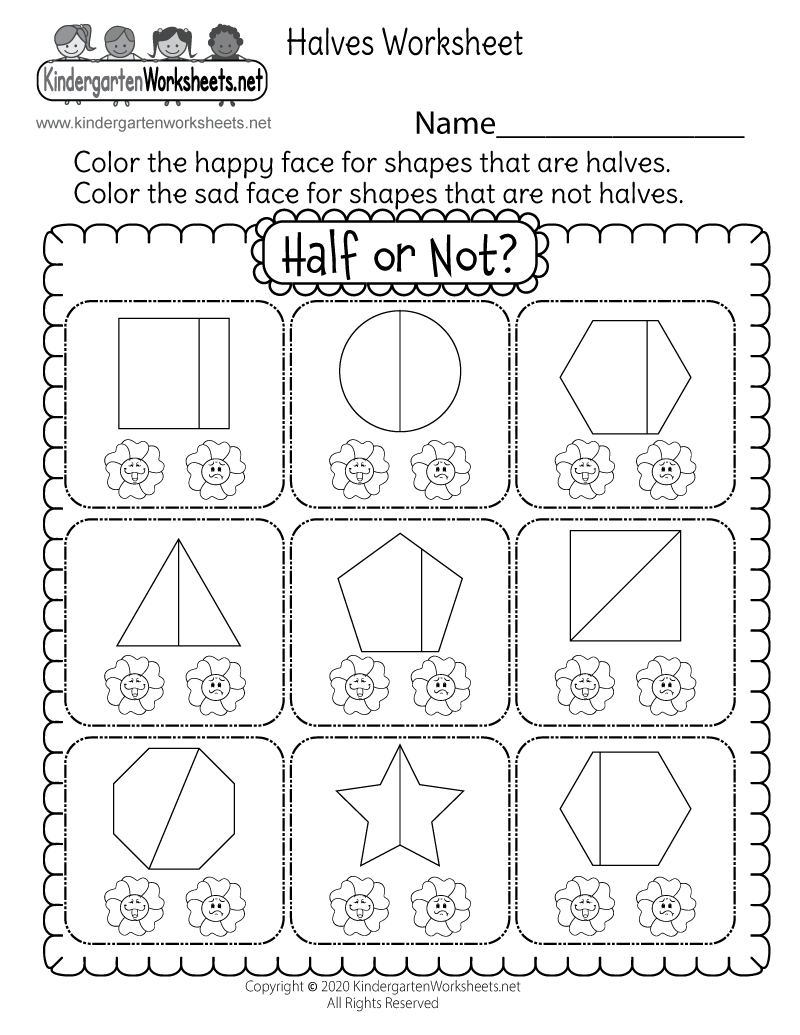 Free Printable Halves Worksheet intended for Printable Kindergarten Fractions Worksheets