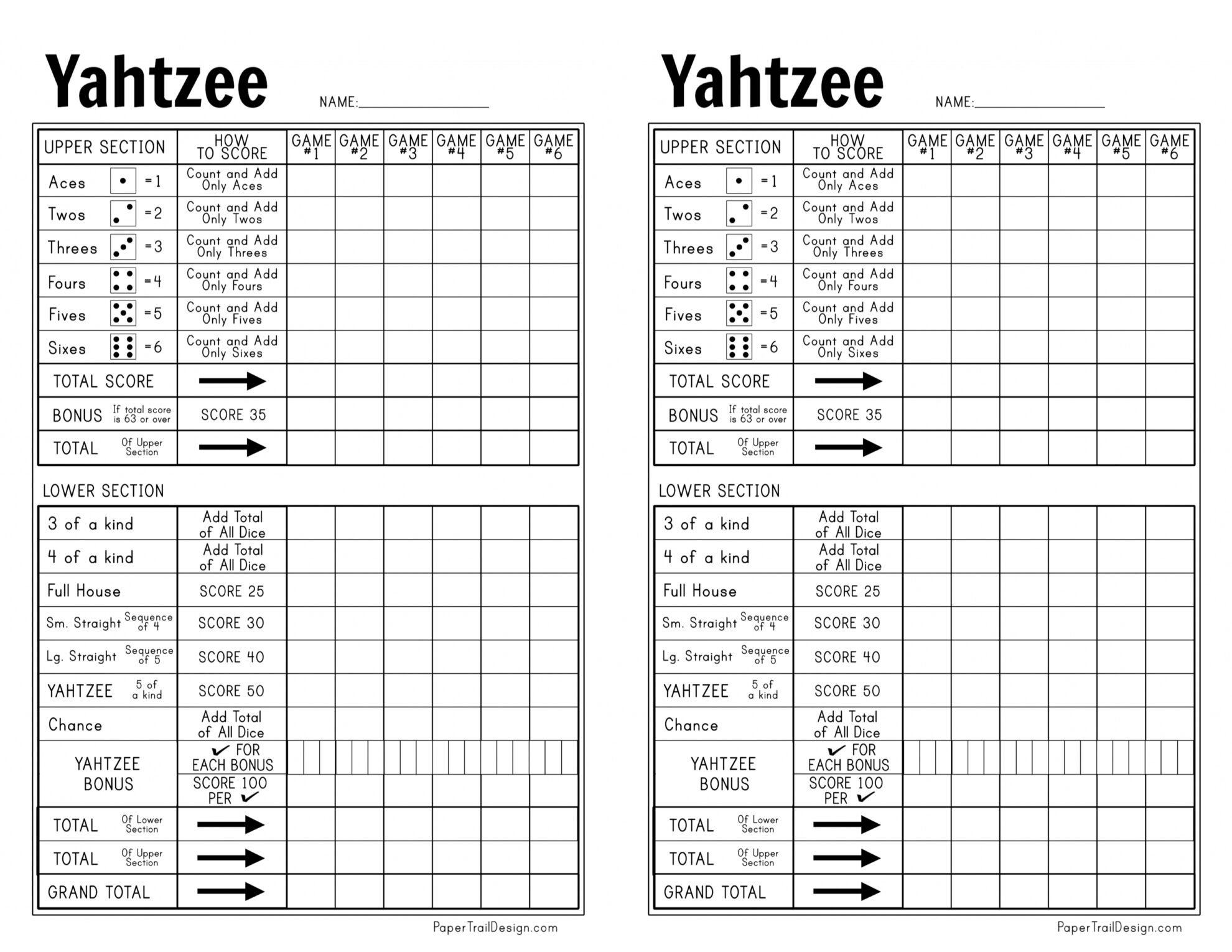 Free Printable Yahtzee Score Card - Paper Trail Design within Free Printable Yahtzee Scorecards