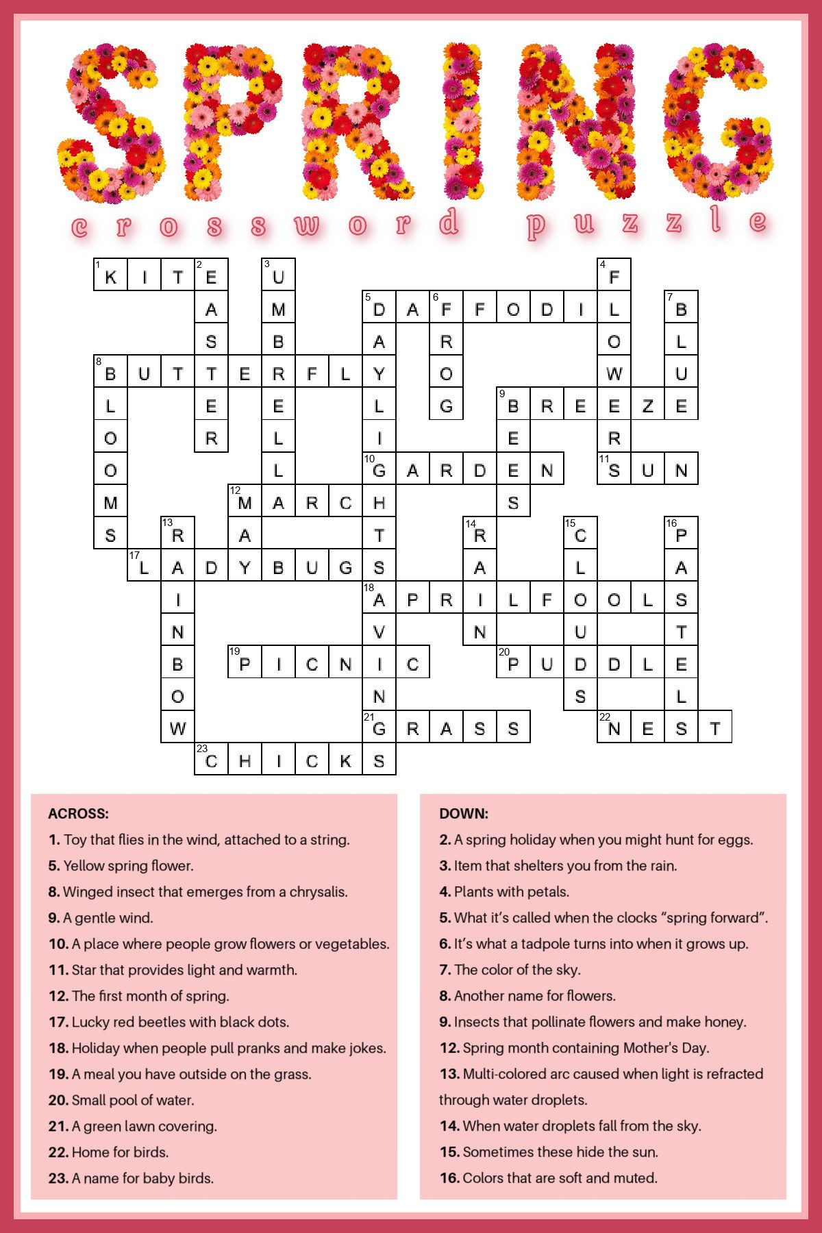 Free Spring Crossword Puzzle Printable - Answer Key Included inside Spring Crossword Printable