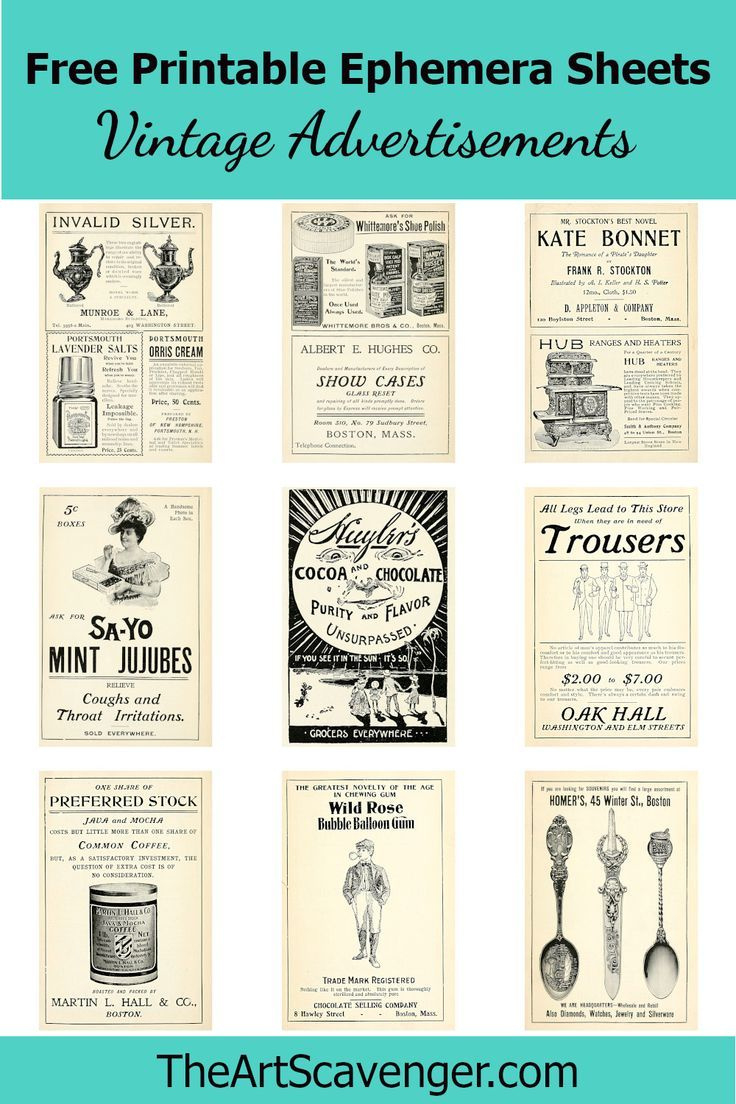 Free Vintage Advertisements Ephemera Sheet with Public Domain Free Printable Vintage Ephemera