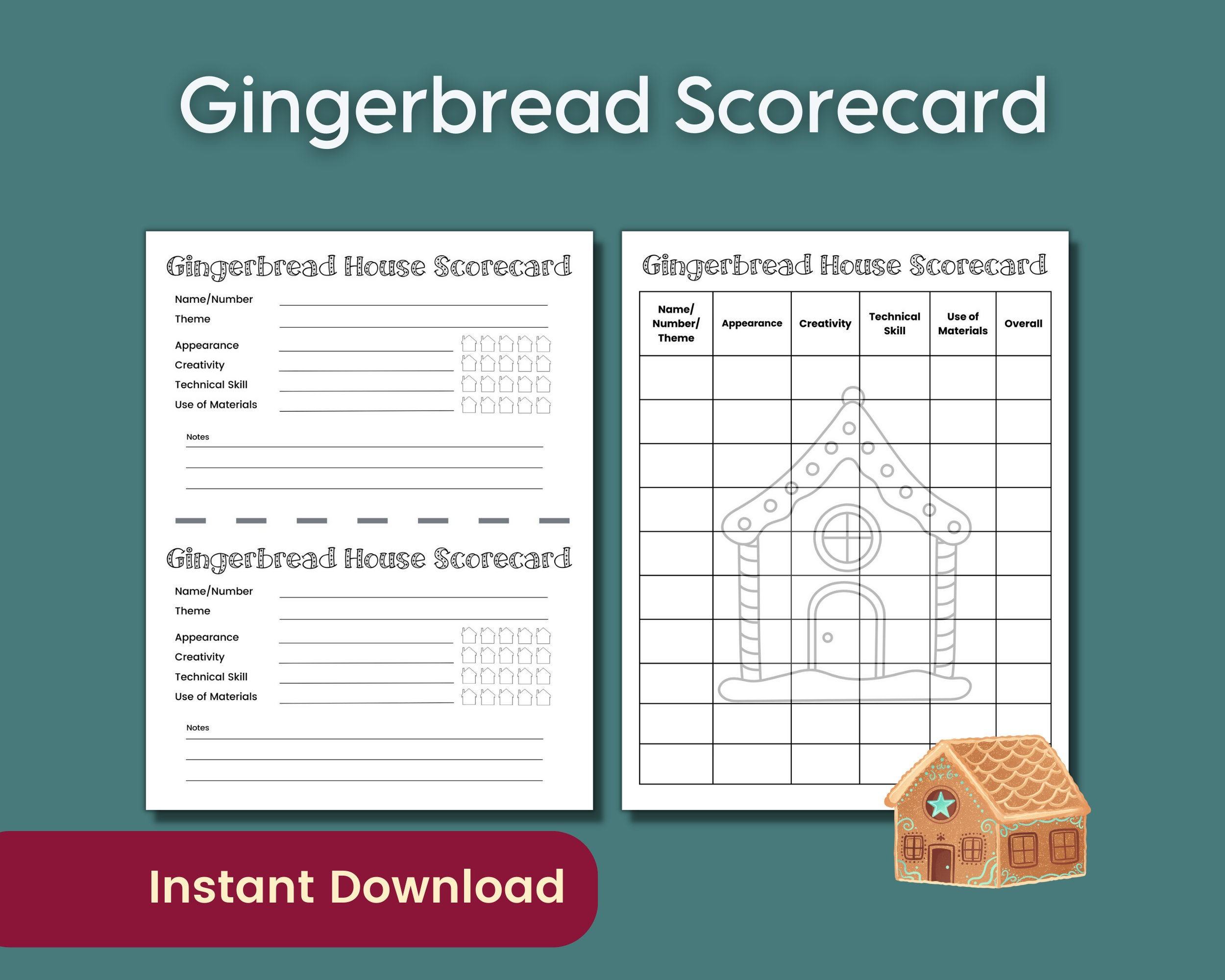 Gingerbread House Decorating Contest Score Card, Christmas Cookie regarding Printable Gingerbread House Judging Sheet