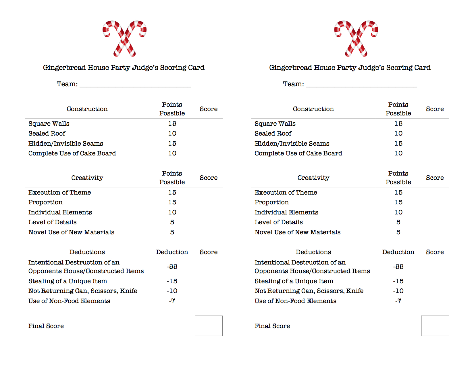 Gingerbread House Party Score Card | Hmh Designs pertaining to Printable Gingerbread House Judging Sheet