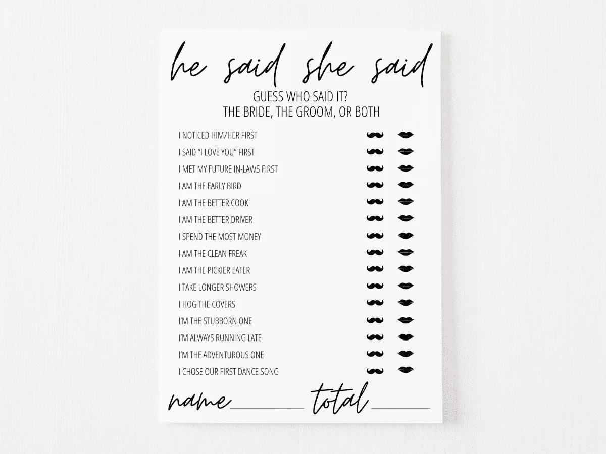 He Said She Said Bridal Shower Game Free Printable | Modern Moh in Free Printable Bridal Shower Games He Said She Said