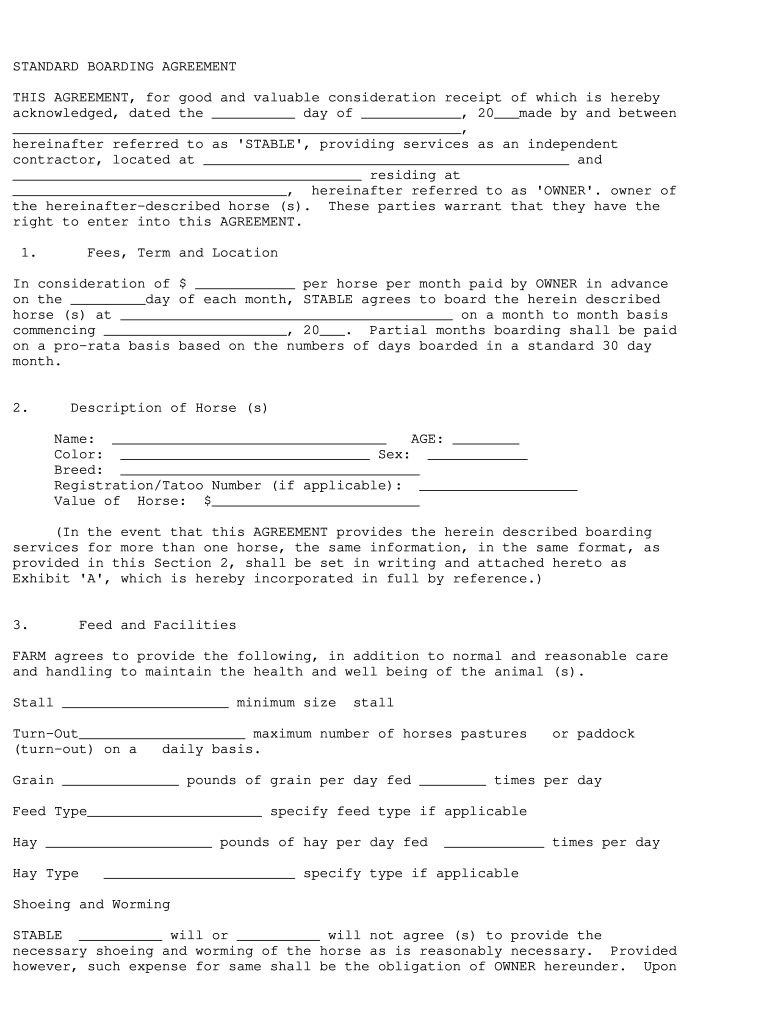 Horse Boarding Contract Template - Fill Online, Printable in Free Printable Horse Boarding Contract
