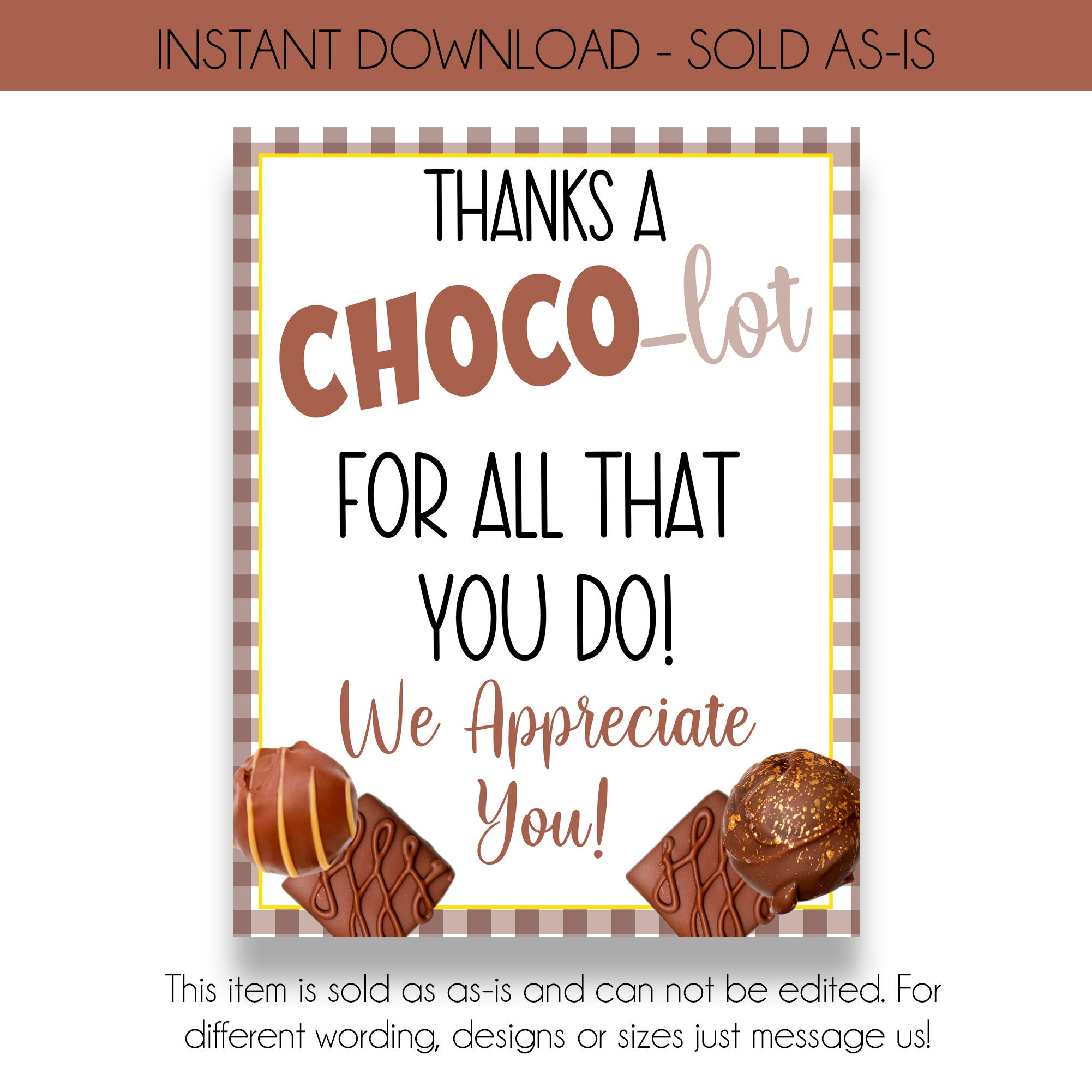 Instant Dowload | Thanks A Choco-Lot For All You Do Appreciation throughout Thanks a Choco Lot Free Printable