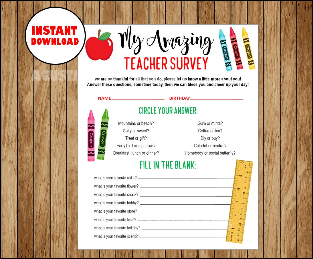 Instant Download, Teacher Survey, Get To Know Your Teacher inside Get to Know Your Teacher Questions Free Printable
