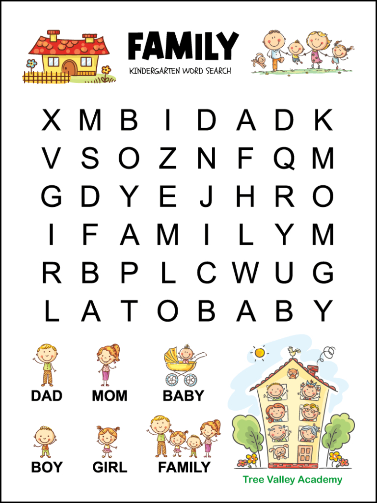 Kindergarten Family Word Search - Tree Valley Academy within Kindergarten Crossword Puzzles Printable