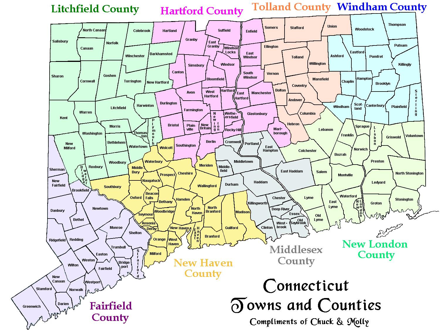 Map Of Ct Towns And Counties for Connecticut County Map Printable