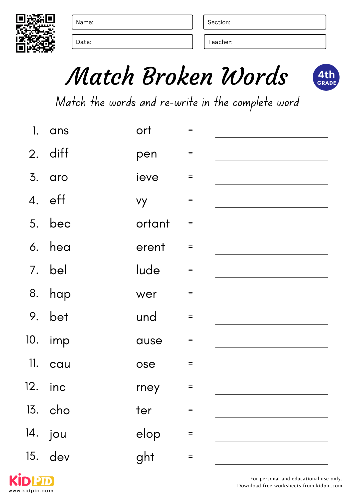 Match &amp;amp; Complete The Words Worksheet For Grade 4 - Kidpid within Printable Grammar Worksheets For Grade 4
