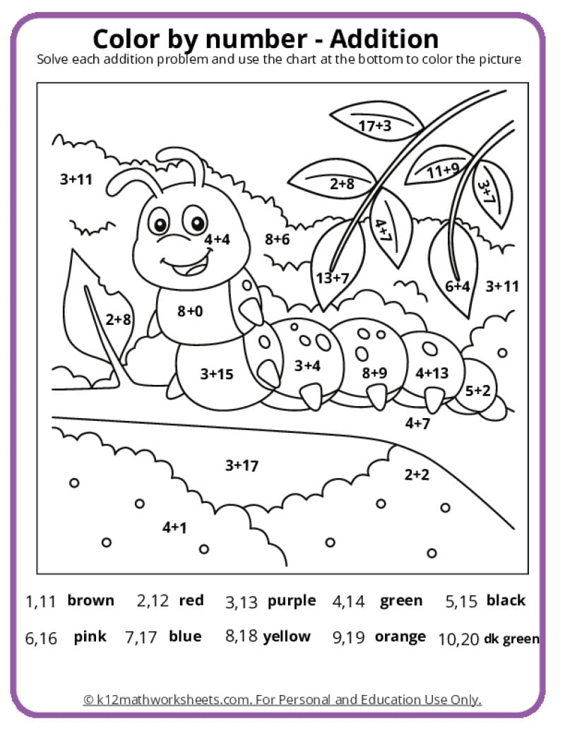 Math Coloring Pages | Printable Pdfsk12Mathworksheets pertaining to Color By Addition Worksheet Printable