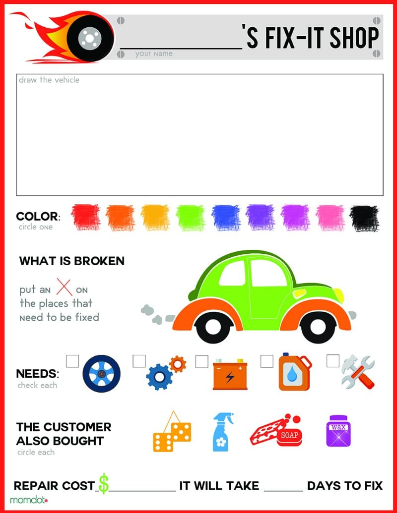 Mechanic Pretend Play Sheet, Free Printable - Momdot regarding Auto Shop Dramatic Play Printables Free