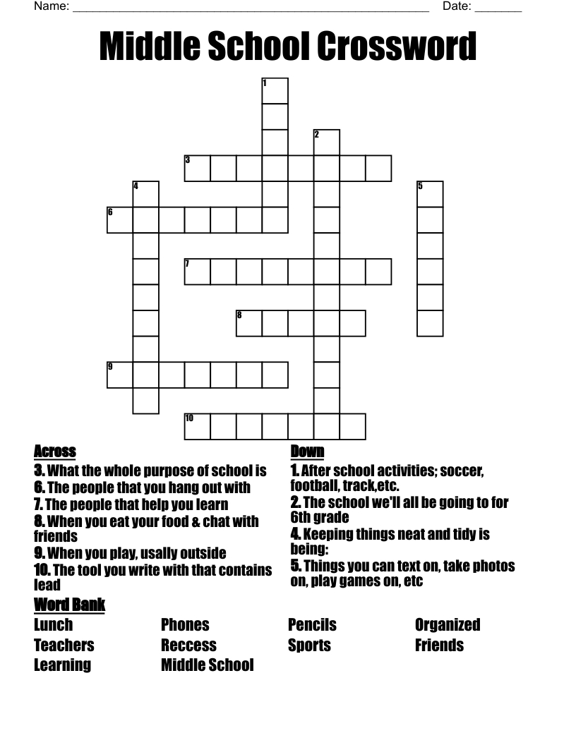 Printable Crossword Puzzles For Middle Schoolers FREE Printable HQ