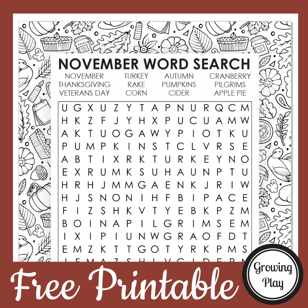 November Word Search Free Printable - Growing Play within November Word Search Printable