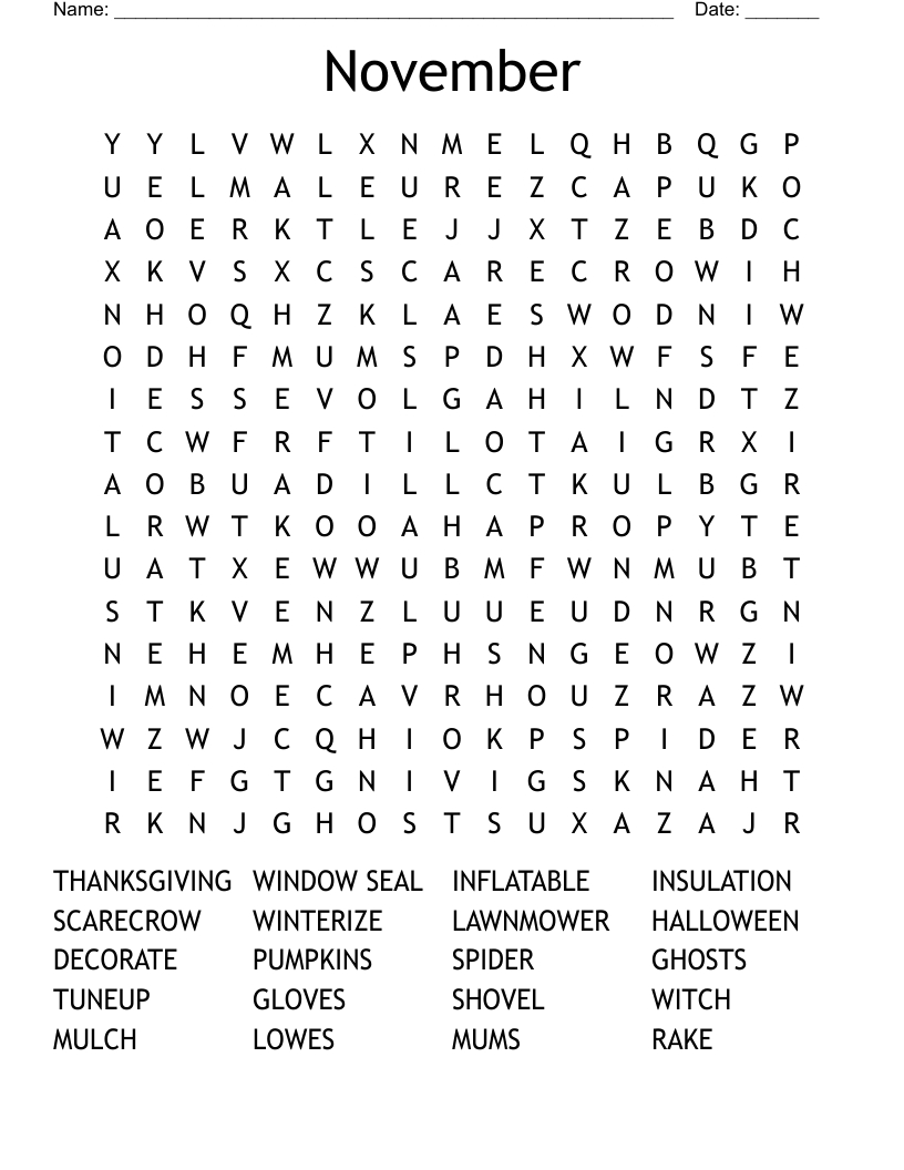 November Word Search - Wordmint inside November Word Search Printable