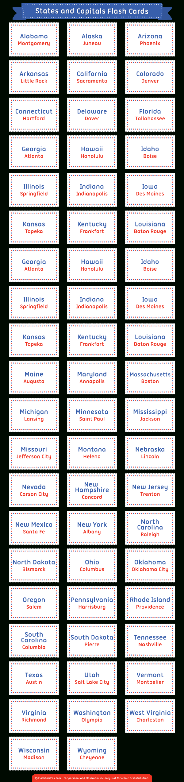 Printable States And Capitals Flash Cards intended for 50 States Flash Cards Printable