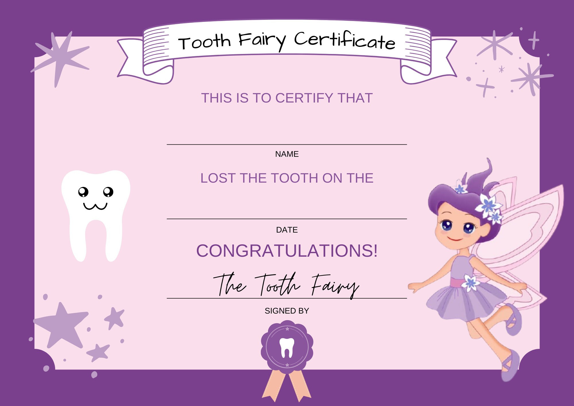 Printable Tooth Fairy Certificate - Etsy regarding Free Printable Tooth Fairy Certificate