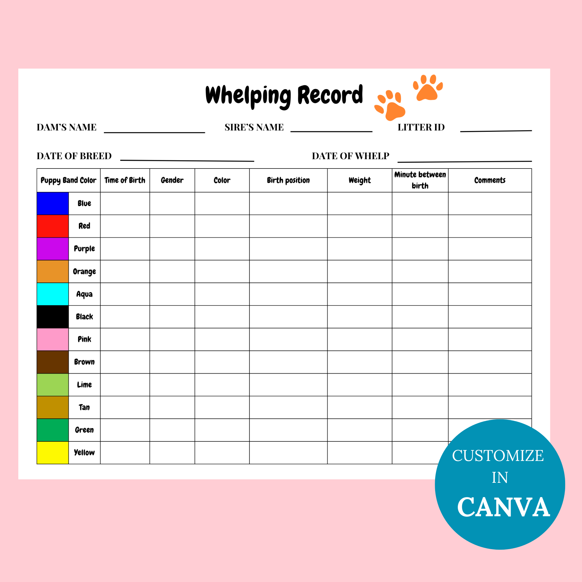 Puppy Whelping Chart Pdf Printable (Instant Download) intended for Free Printable Puppy Weight Puppy Whelping Chart