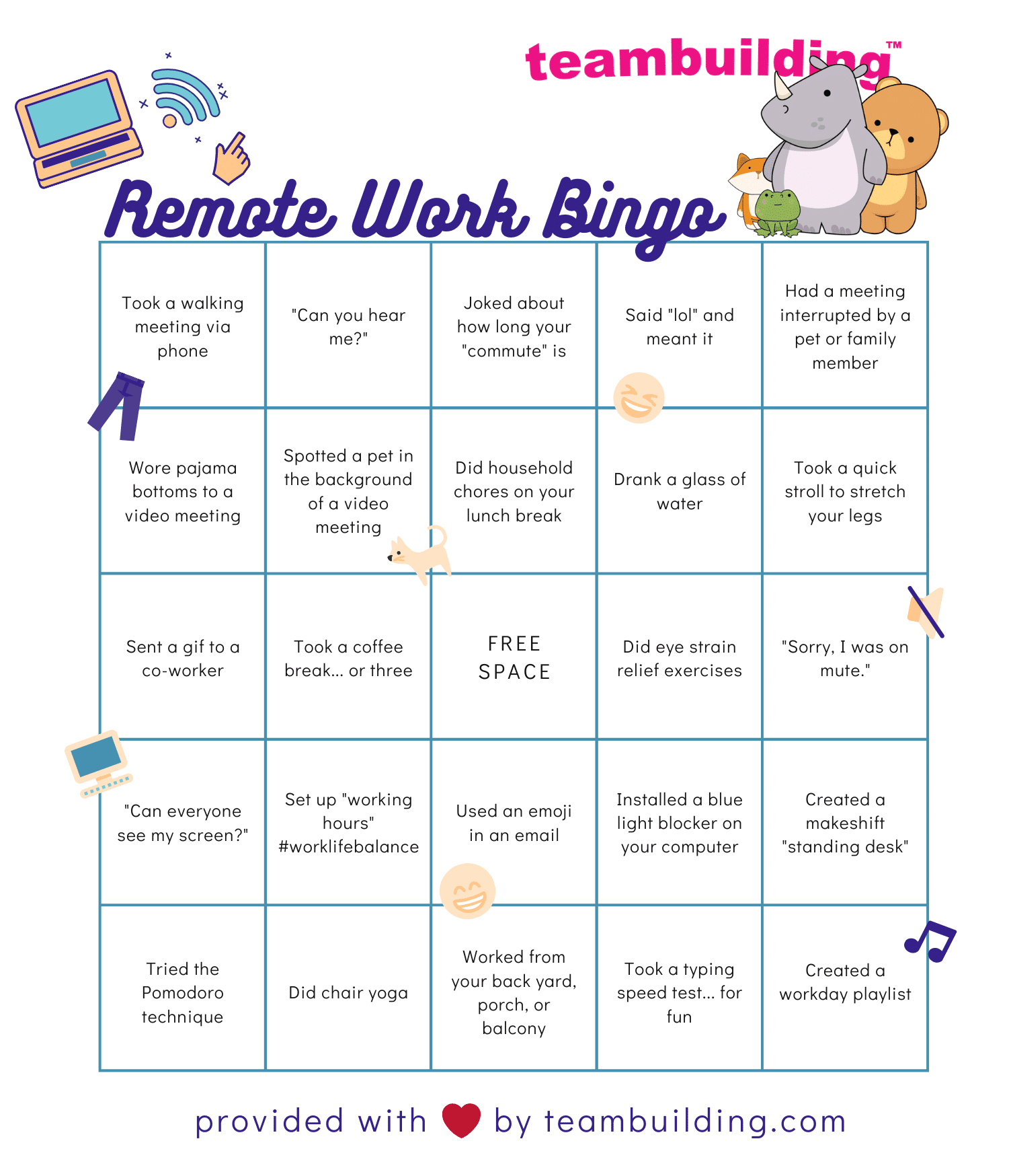Remote Work Bingo: Free Template + Rules » Teambuilding regarding Workplace Office Bingo Cards